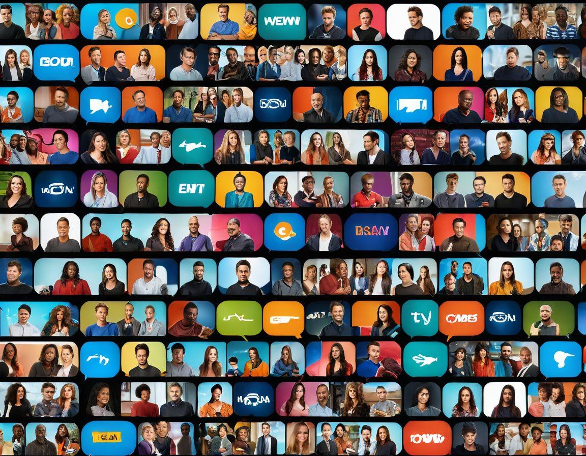 A collage of vibrant TV screens showcasing various popular shows, with colorful dialogue bubbles illustrating discussions and reviews. Surrounding the screens, a diverse group of people animatedly chatting and enjoying their favorite series, creating a lively atmosphere. Incorporate icons representing different streaming platforms in the background. super-realistic. vibrant colors. lively atmosphere.