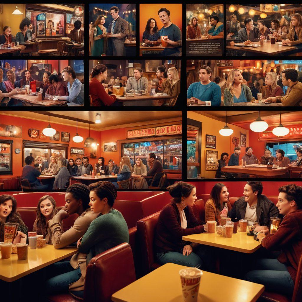 A vibrant collage of iconic TV series moments, featuring a diverse group of enthusiastic fans engaged in lively discussions in a cozy cafe setting, surrounded by posters and screens showcasing trailers of upcoming shows. Warm lighting adds a welcoming atmosphere, with popcorn and drinks on the tables to enhance the communal feel. super-realistic. vibrant colors. cozy ambiance.