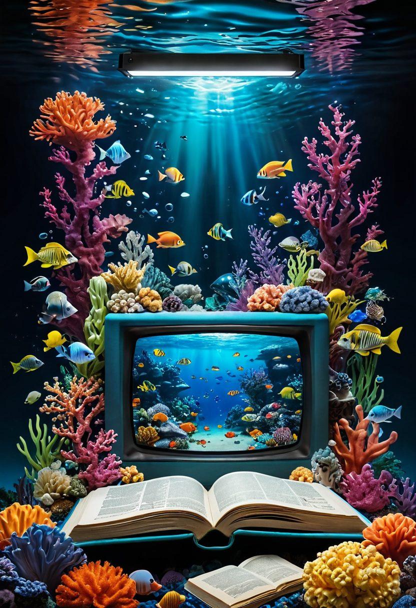 A visually captivating deep-sea scene, featuring diverse marine life representing different TV series genres, such as bold colors for action, serene tones for drama, and playful hues for comedy. In the foreground, a giant open book with glowing pages symbolizes reviews and discussions, surrounded by bubbles containing iconic TV symbols like film reels and popcorn. The background presents a vibrant underwater landscape filled with coral reefs shaped like TV screens. super-realistic. vibrant colors. 3D.